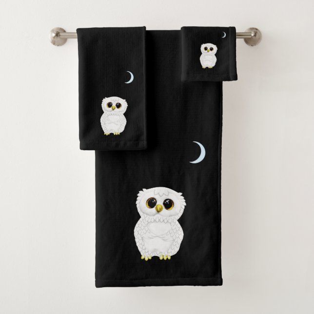 White Owl & Crescent Moon on Black Bath Towel Set (Insitu)