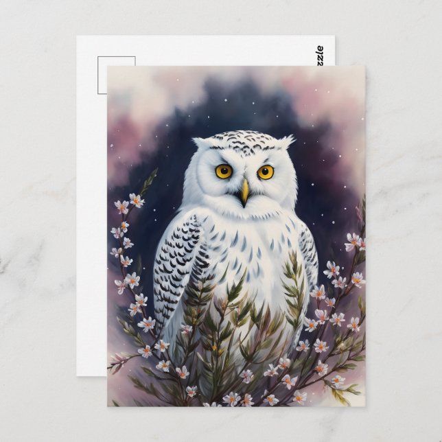 White Owl Floral Night Portrait Postcard (Front/Back)