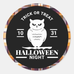 White Owl Halloween Night Black/Orange Plaid Classic Round Sticker