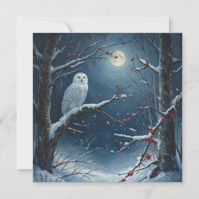 White Owl in Winter Forest under Full Moon  Card (Front)