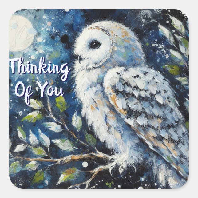 White Owl Moonlight Thinking of You  Square Sticker (Front)