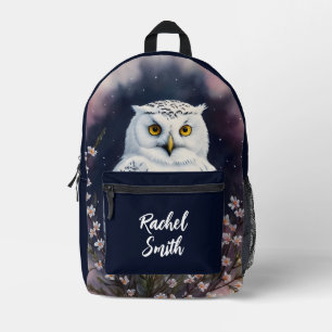 White Owl Night Portrait Art Printed Backpack