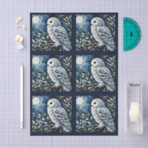 White Owl On Branch in Moonlight Decoupage Tissue Paper