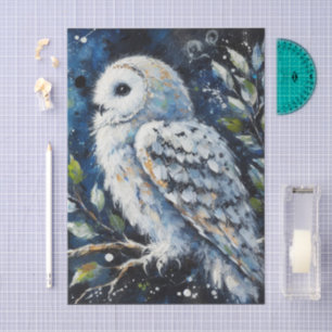 White Owl On Branch in Moonlight Decoupage Tissue Paper
