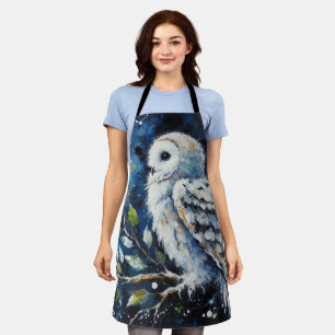 White Owl On Branch in Moonlight Painting  Apron