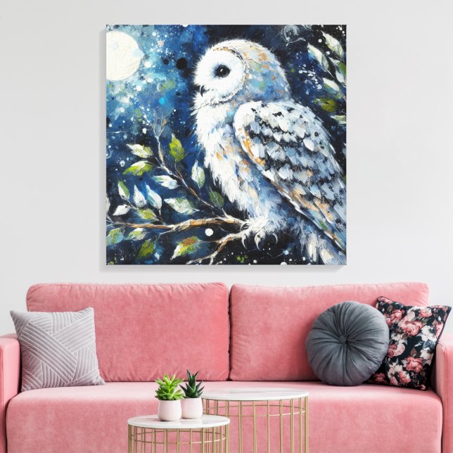 White Owl On Branch in Moonlight Painting Canvas Print (Insitu(LivingRoom))