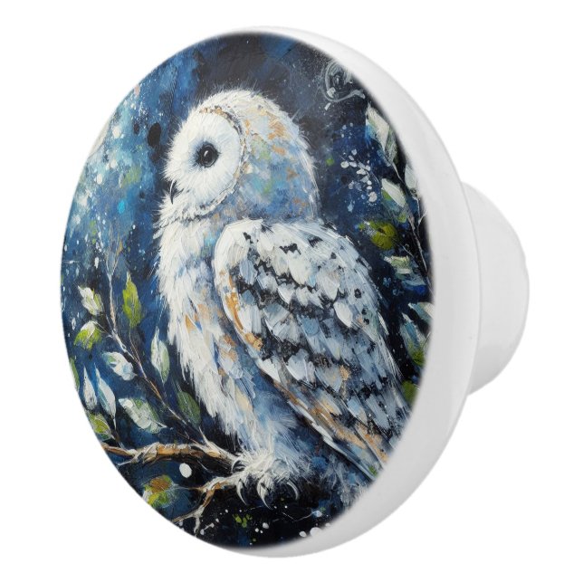 White Owl On Branch in Moonlight Painting Ceramic Knob (Right)