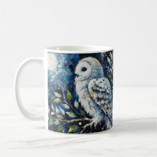 White Owl On Branch in Moonlight Painting  Coffee Mug
