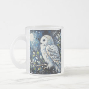 White Owl On Branch in Moonlight Painting Frosted Glass Coffee Mug