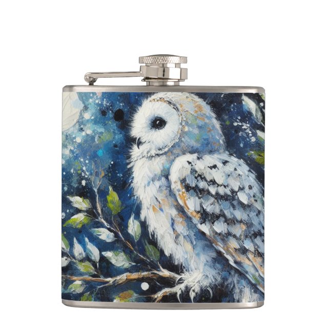 White Owl On Branch in Moonlight Painting Hip Flask (Front)
