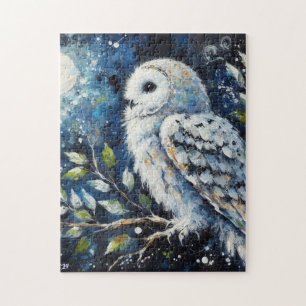 White Owl On Branch in Moonlight Painting Jigsaw Puzzle
