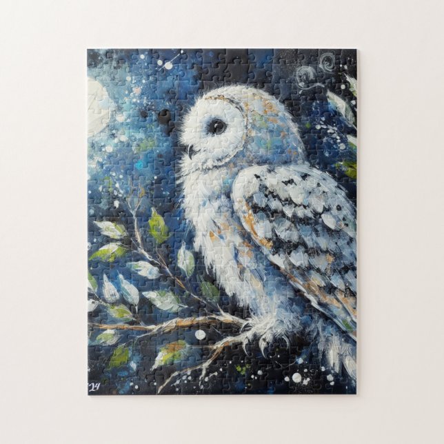White Owl On Branch in Moonlight Painting Jigsaw Puzzle (Vertical)