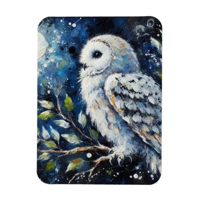 White Owl On Branch in Moonlight Painting Magnet (Vertical)