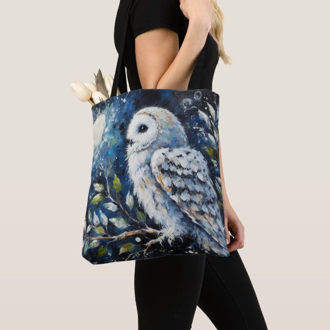 White Owl On Branch in Moonlight Painting Tote Bag (Close Up)