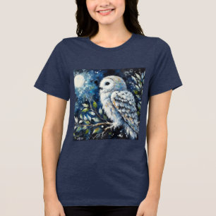 White Owl On Branch in Moonlight Painting Tri-Blend Shirt