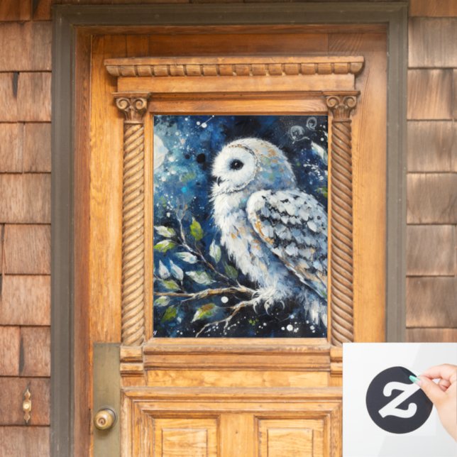 White Owl On Branch in Moonlight Painting  Window Cling (Home Door)