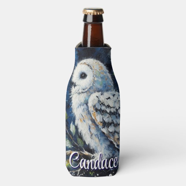 White Owl On Branch in Moonlight Personalised Bottle Cooler (Bottle Front)