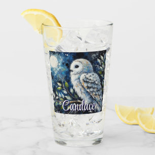 White Owl On Branch in Moonlight Personalised Glass