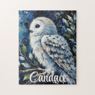 White Owl On Branch in Moonlight Personalised Jigsaw Puzzle