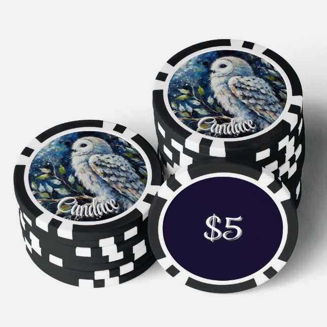 White Owl On Branch in Moonlight Personalised Poker Chips (Stack)