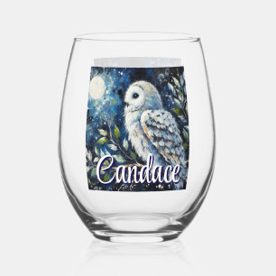 White Owl On Branch in Moonlight Personalised Stemless Wine Glass
