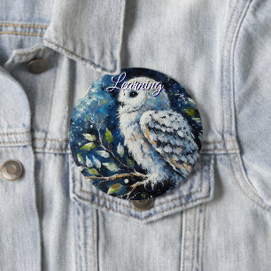 White Owl On Branch in Moonlight Personalized 10 Cm Round Badge