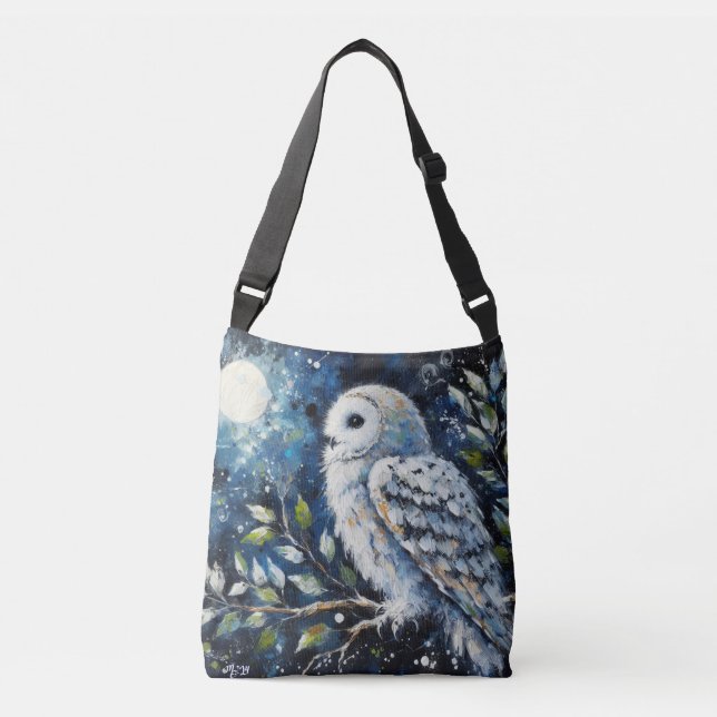 White Owl On Tree Branch Moon Owls Navy Blue Crossbody Bag (Front)