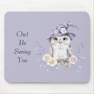 White Owl Purple Hat Pretty Flowers Mouse Mat