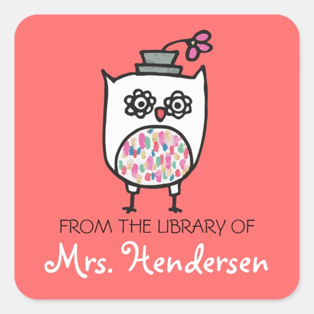 White Owl with Hat Bookplates Square Sticker (Front)
