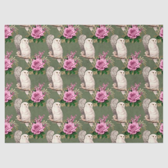 White Owls and Pink Roses on Green Decoupage Tissue Paper (Front)