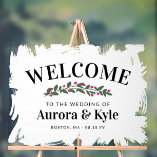 White Paint Pink Berries Wedding Welcome Acrylic Sign