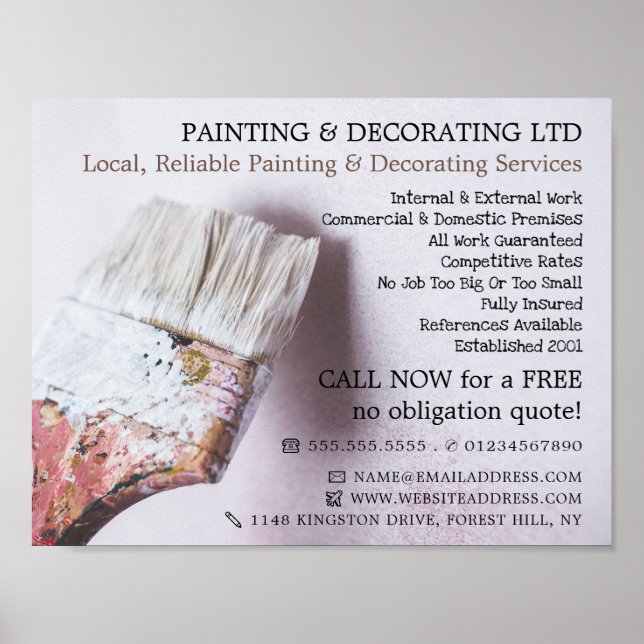 White Paintbrush, Painter & Decorator Advertising Poster (Front)