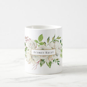White Painted Floral Monogram Coffee Mug