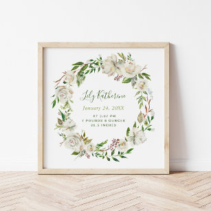 White Painted Floral Personalised Baby Birth Stats Poster