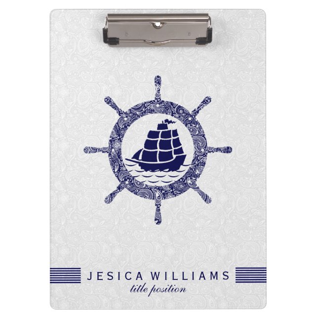 White Paisley And Navy Blue Nautical Boat Wheel Clipboard (Front)