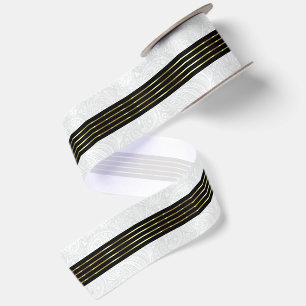 White Paisley Black Background Shiny Gold Stripes Satin Ribbon
