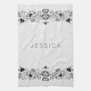 White Paisley Damasks & Black Swirls Lace Tea Towel