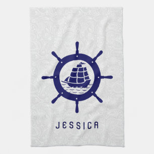 White Paisley Damasks & Blue Nautical Boat Wheel Tea Towel