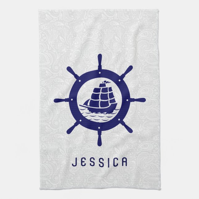 White Paisley Damasks & Blue Nautical Boat Wheel Tea Towel (Vertical)