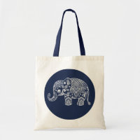 White Paisley Elephant Illustration On Blue Circle