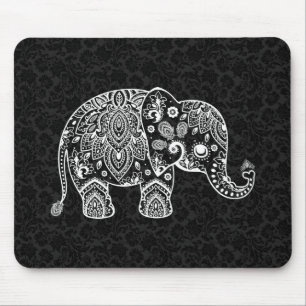 White Paisley Floral Elephant Illustration Mouse Mat