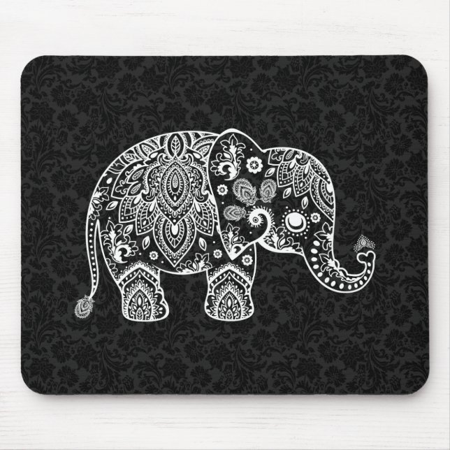 White Paisley Floral Elephant Illustration Mouse Mat (Front)
