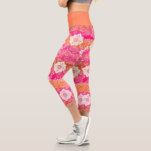 White Paisley Flowers On Hot Pink Orange Stripes Capri Leggings