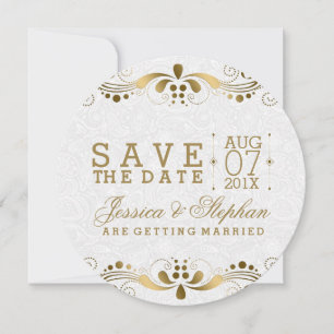White Paisley & Gold Floral Swirls Save The Date