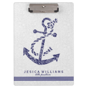 White Paisley & Navy Blue Nautical Boat Anchor Clipboard