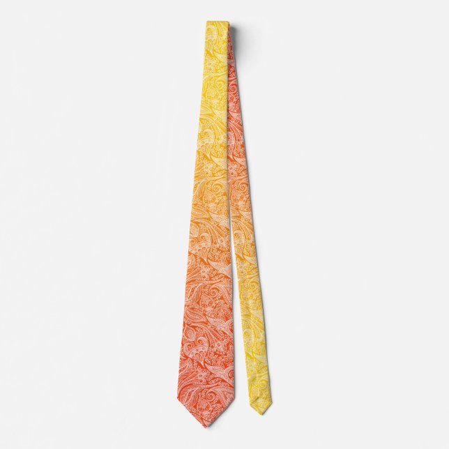 White Paisley On A Red & Yellow Summer Ombre Tie (Front)