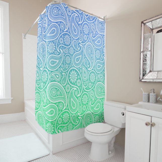 White paisley on green to blue ombre shower curtain (In Situ)