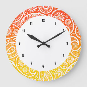 White paisley on orange to yellow ombre large clock