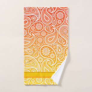 White paisley on yellow to red ombre bath towel set