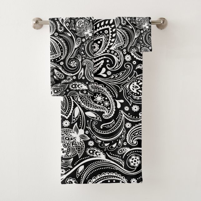 White paisley pattern on black background bath towel set (Insitu)
